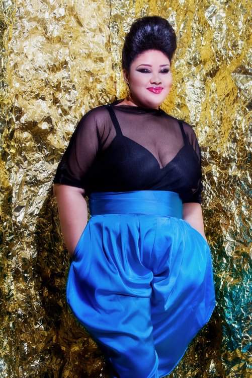 Plus size designer- Jibri Holiday 2011 Collection- Sheer Top and High Waist Satin Slouch Pants