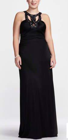 Davids Bridal Plus Size Black Beaded Twist Neck Prom Dress