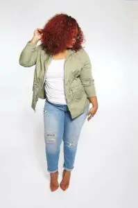 AVA + VIV Military Jacket and Denim Jeggings on TheCurvyFashionista.com