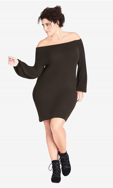 Fall Plus Size Sweater Dresses: Knit Off Shoulder Dress