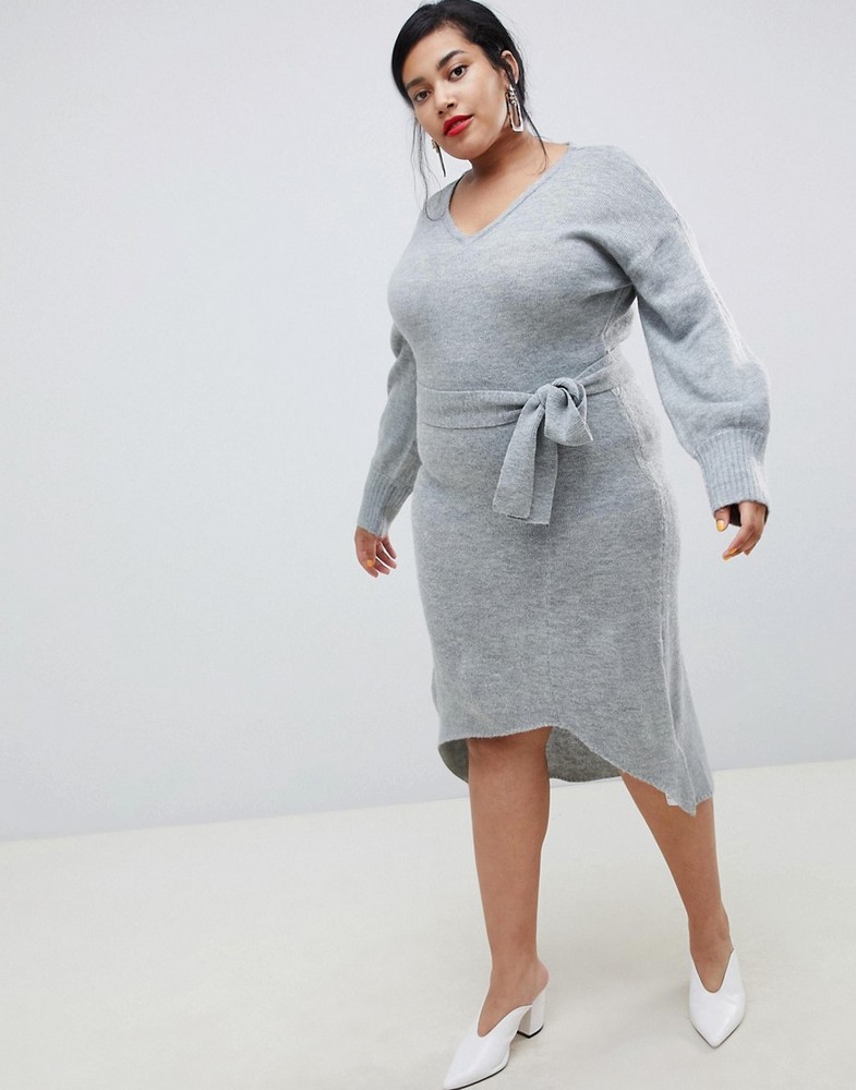 Fall Plus Size Sweater Dresses: Lost Ink Plus Midi Dress With Tie Waist In Fine Knit