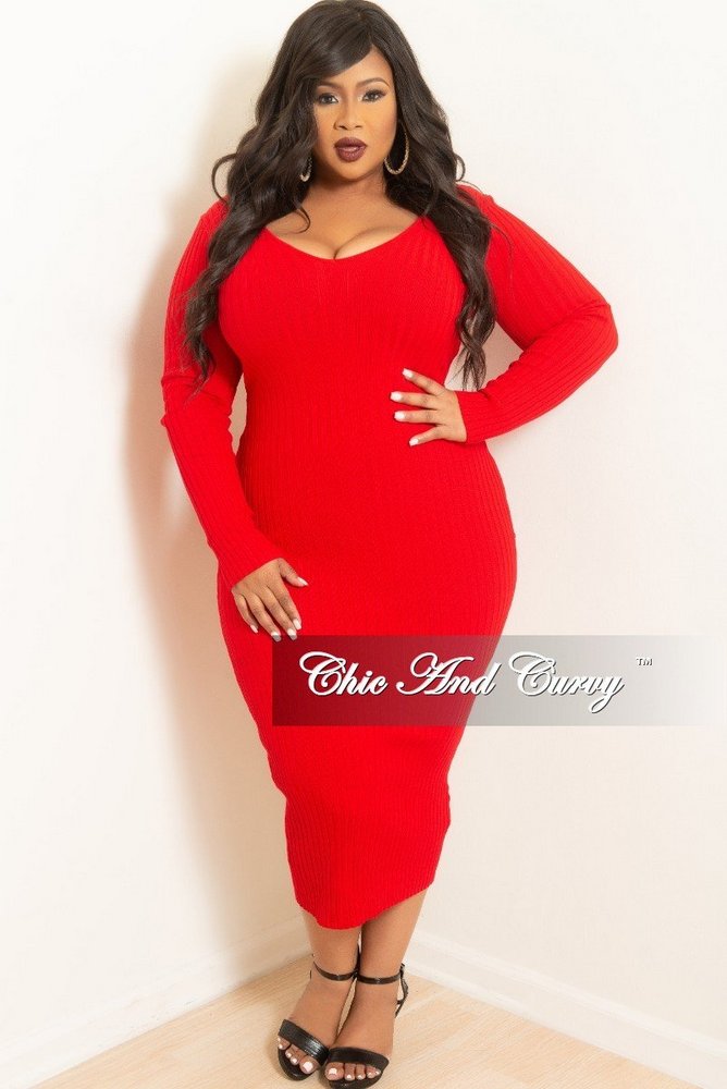 Fall Plus Size Sweater Dresses: Plus Size Ribbed Knit Dress in Red