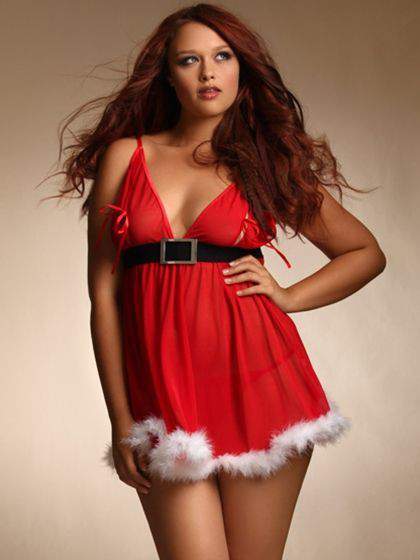 Hips and Curves Plus Size Lingerie: Sexy Santa Tie Cup Babydoll With Marabou Trim