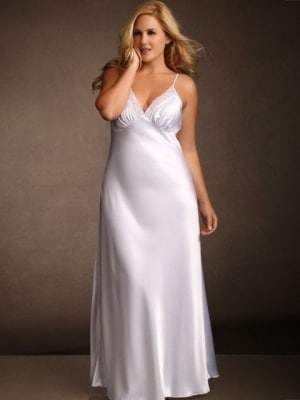 Hips and Curves Plus Size Lingerie: White Lace Trim Long Satin Gown