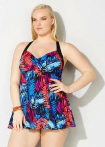 25 Plus Size Swimdresses Perfect for Summer on The Curvy Fashionista: Bold Leaf Swimdress with Tummy Control