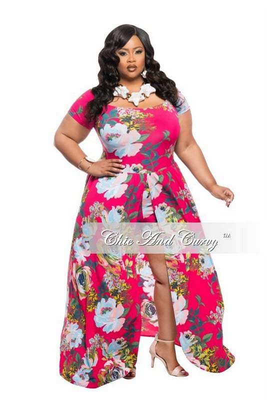 New Plus Size Romper with Attached Long Skirt in Floral Print