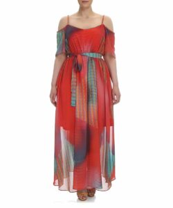 Coral & Turquoise Geometric Off-Shoulder Maxi Dress