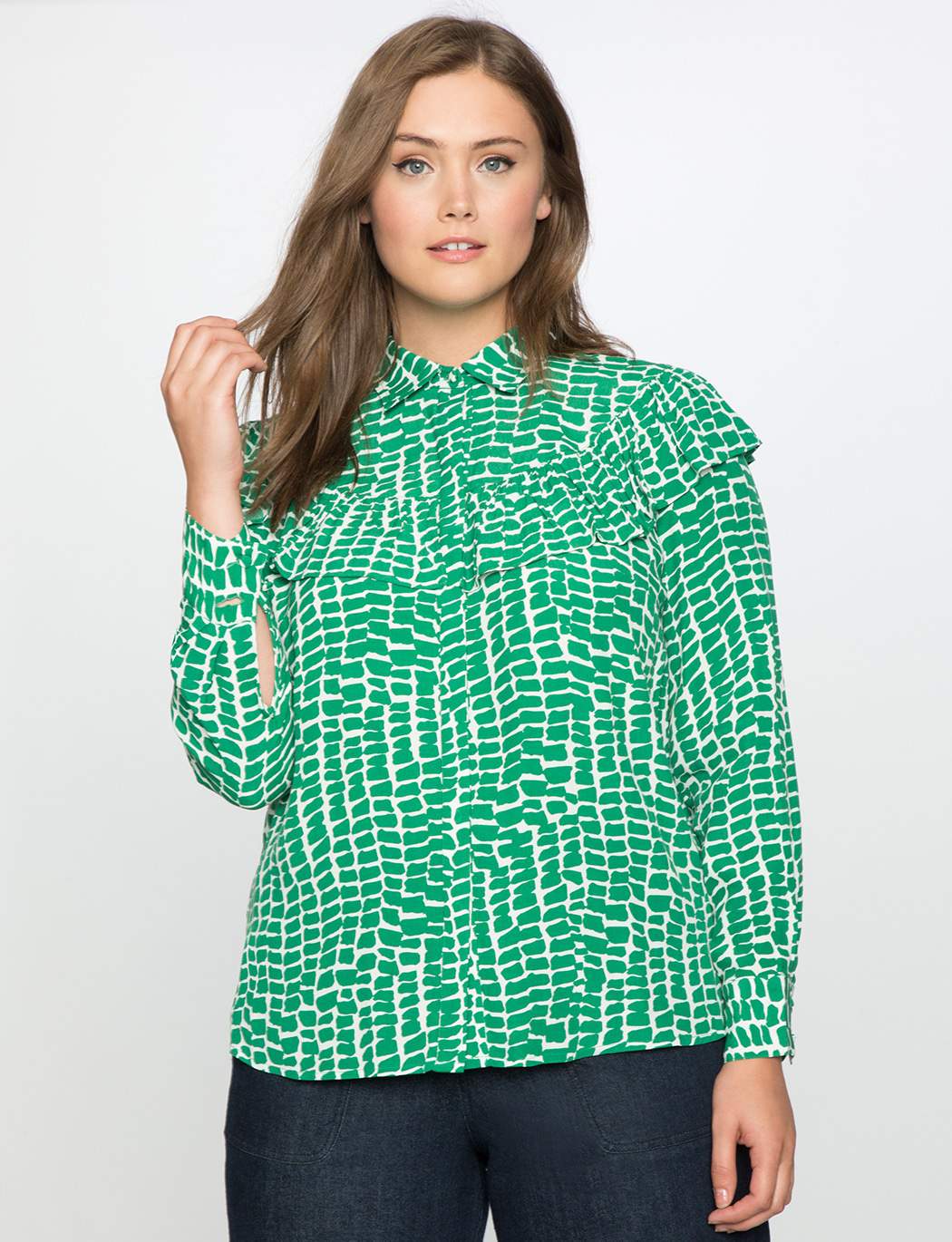 Plus Size Printed Button Front Blouse with Ruffle Detail at Eloquii