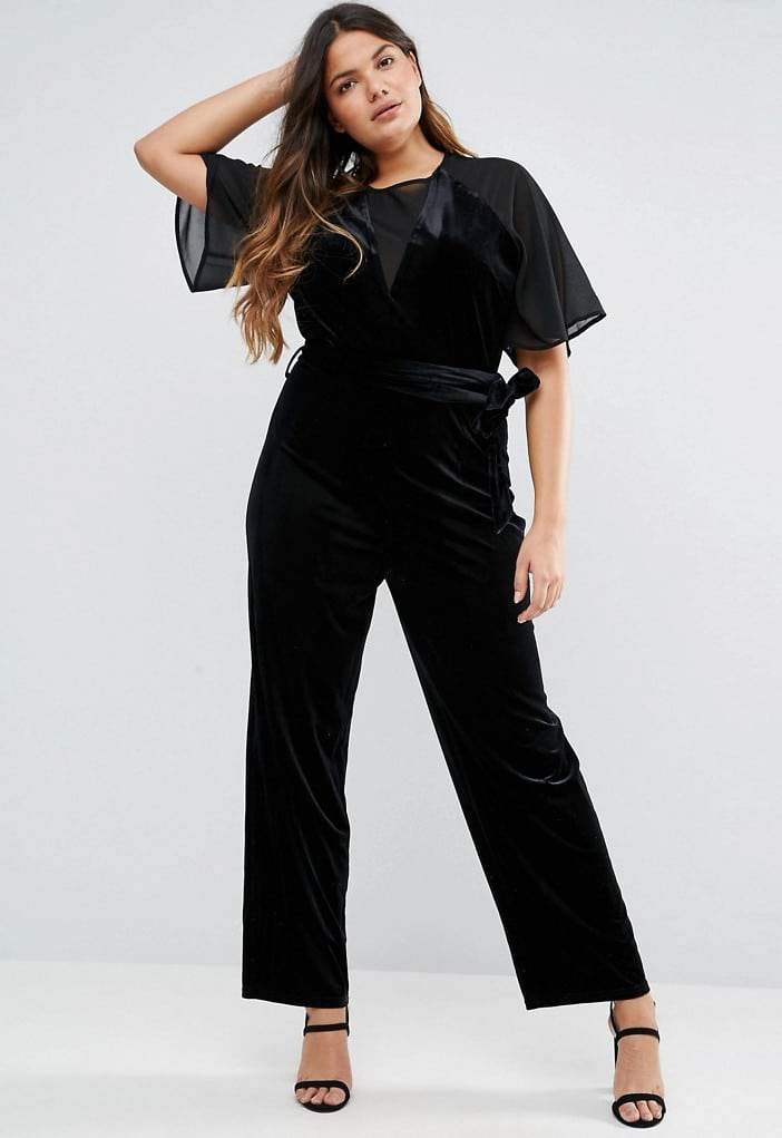 Truly You Plus Size Velvet Jumpsuit With Mesh Insert