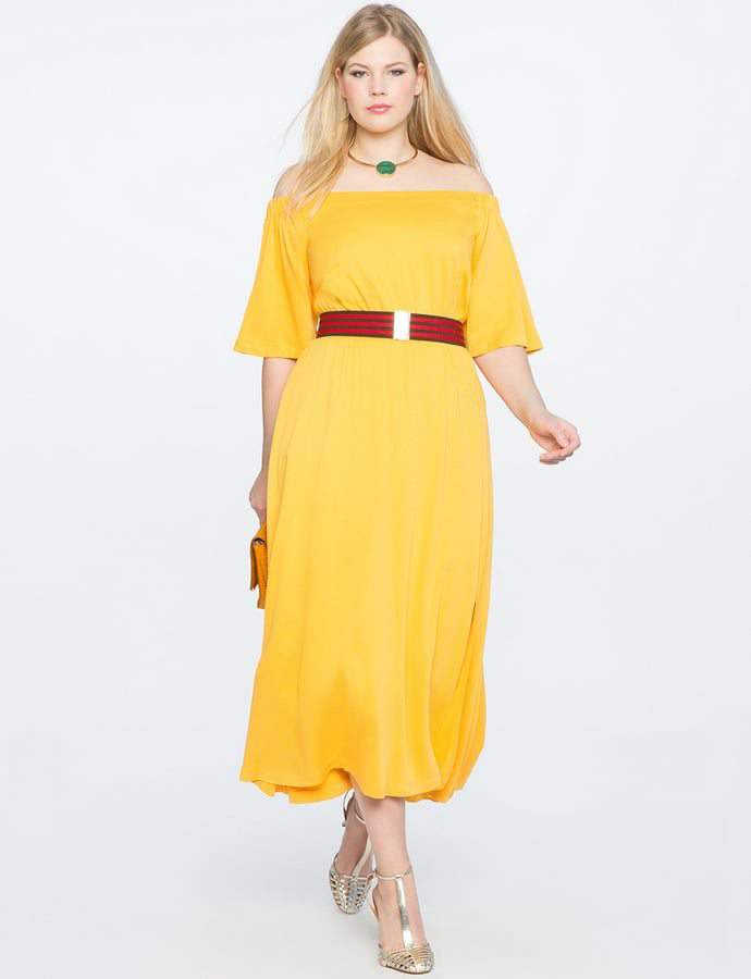 Eloquii 7 Must Rock, Yellow, Plus Size Faves- Off the Shoulder Midi Dress with Wrap Skirt