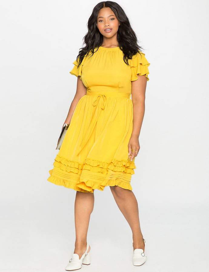 Eloquii 7 Must Rock, Yellow, Plus Size Faves- Ruffles and Pintucks Fit and Flare Dress
