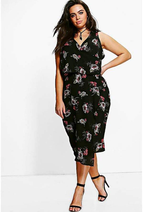 Want Plus Size Fashion on a Budget? Plus Eliza V Neck Floral Print Asymmetric Dress 