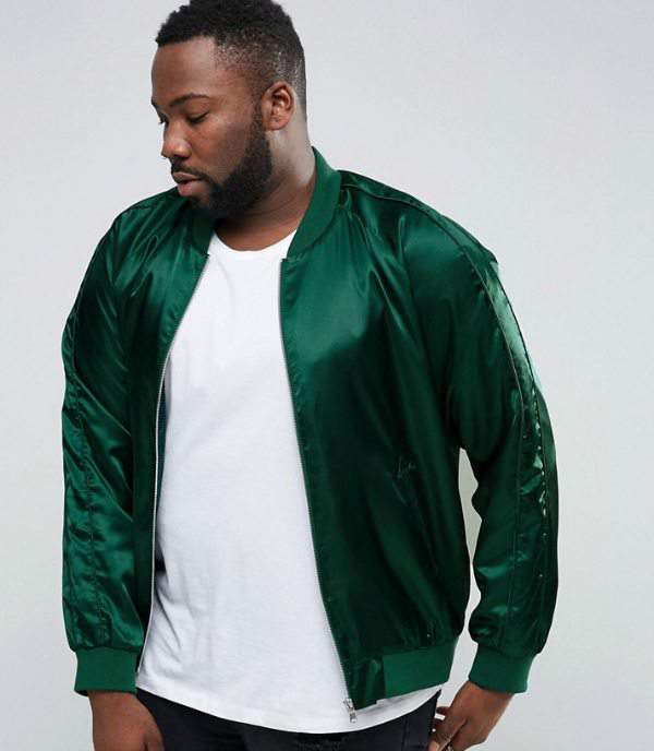 ASOS PLUS Sateen Bomber Jacket in Bottle Green at Asos.com