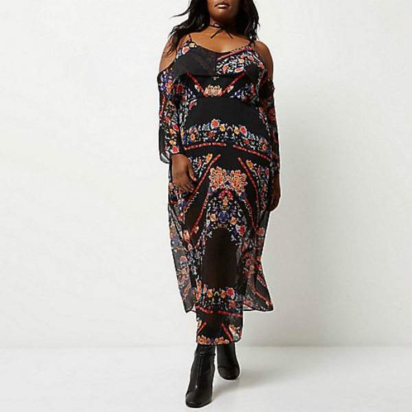 7 Stylish Plus Size Spring Must-Haves From River Island- Black Print Cold Shoulder Maxi Dress 