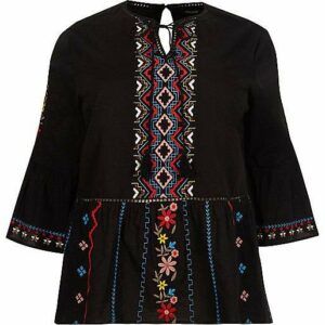 black embroidered bell sleeve smock top