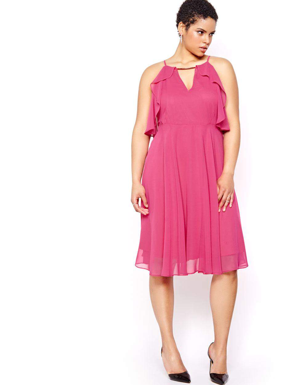 What to Wear to an Evening Wedding- Michel Studio Solid Fit & Flare Dress with Ruffles