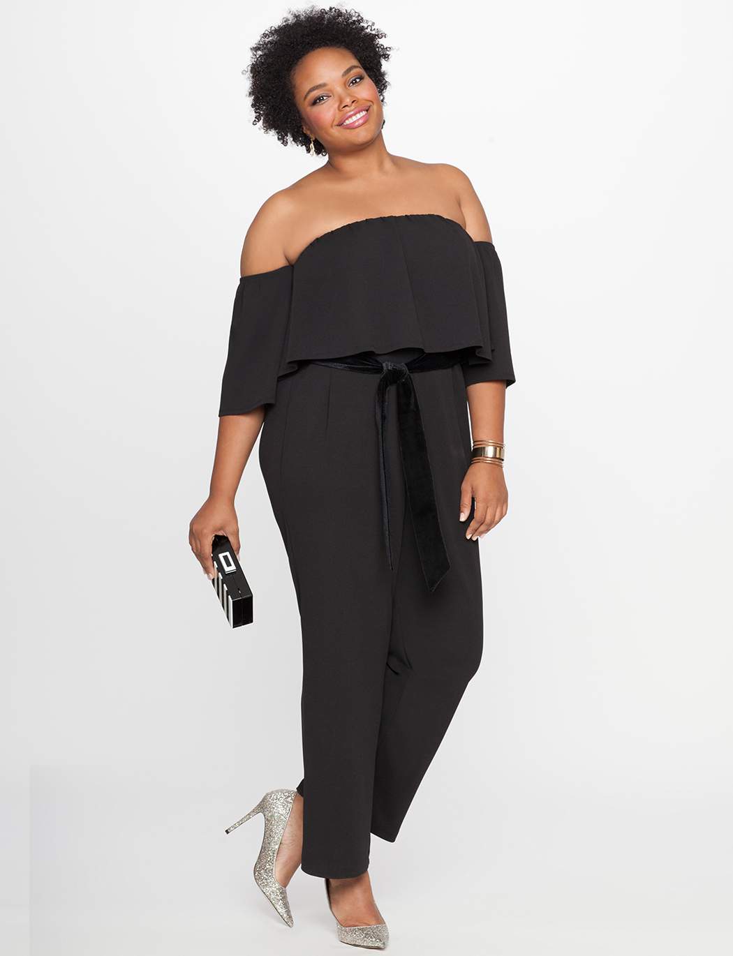 What to Wear to an Evening Wedding- Off the Shoulder Ruffle Overlay Jumpsuit
