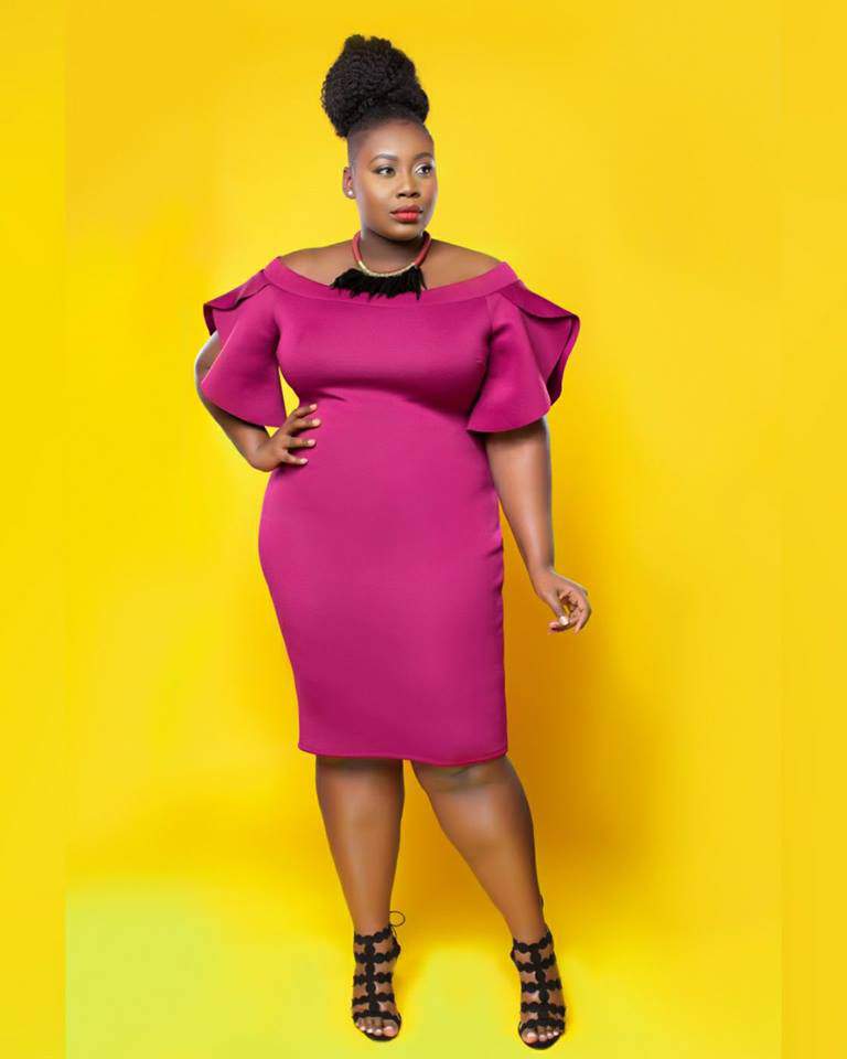 purple plus size dress, midi dress, ruffled plus size dress, plus size model. Tasha, Love Creed, Shows your curves, plus size fashion