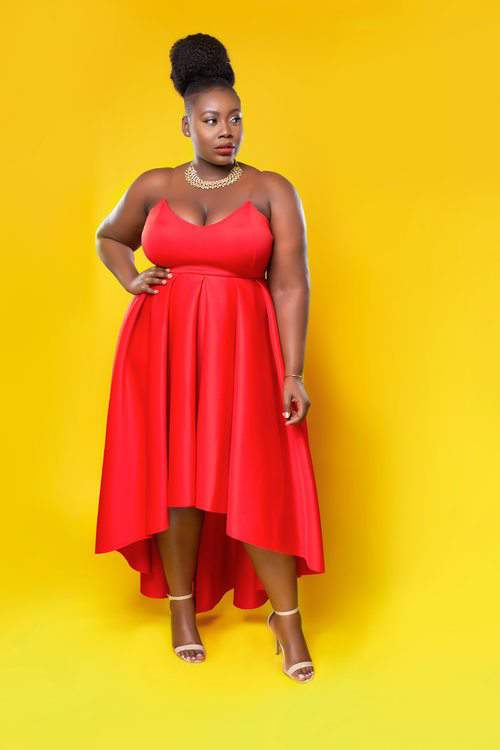 red plus size dress, fit and flare dress, plus size model, Love Creed