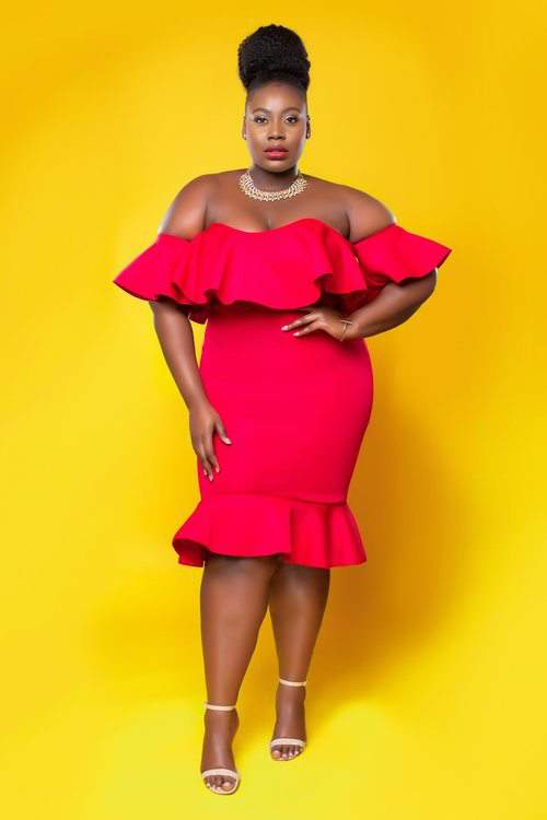 Red plus size dress, ruffled dress, flaunts your curves, plus size model, Raina, Love Creed, Plus size designer