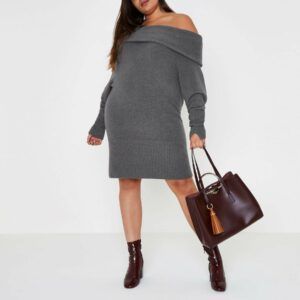 Plus dark grey foldover bardot jumper dress at RiverIsland 001