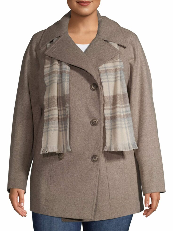 F.O.G. Womens Plus Size Double Breasted Wool Coat With Scarf scaled 1