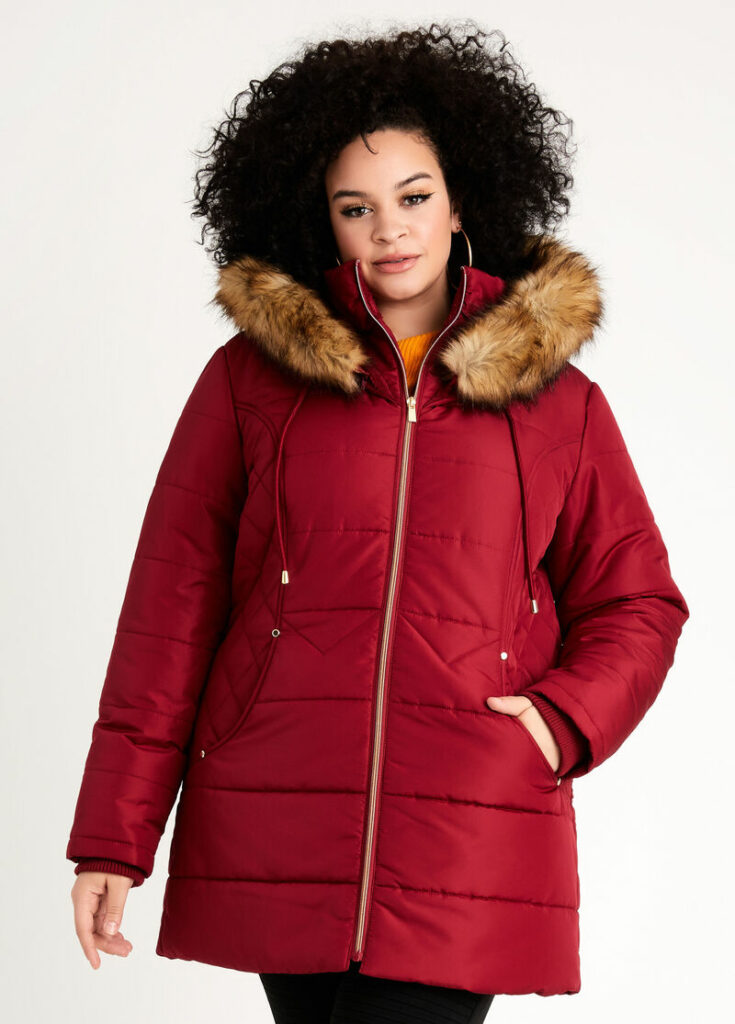 Quilted Faux Fur Trim Hooded Coat