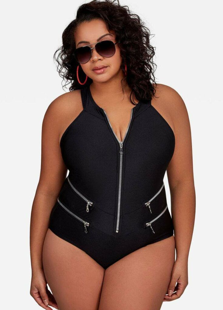 Plus Size Zip Front Skirted One-Piece Swimsuit