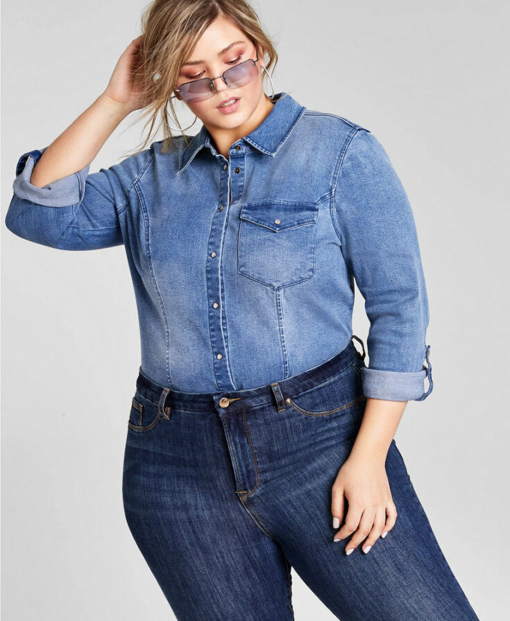 Nina Parker Trendy Plus Size Denim Shirt Bodysuit