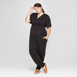 Plus Size Maternity Knit Crossover Belted Jumpsuit