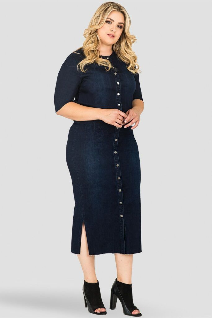 Elain Indigo Denim Snap Button Up Midi Pencil Skirt