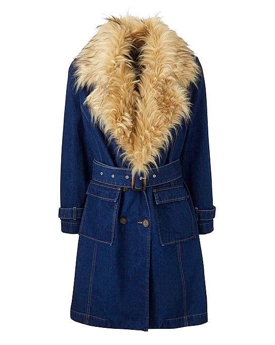 Fur Collar Denim Trench Coat