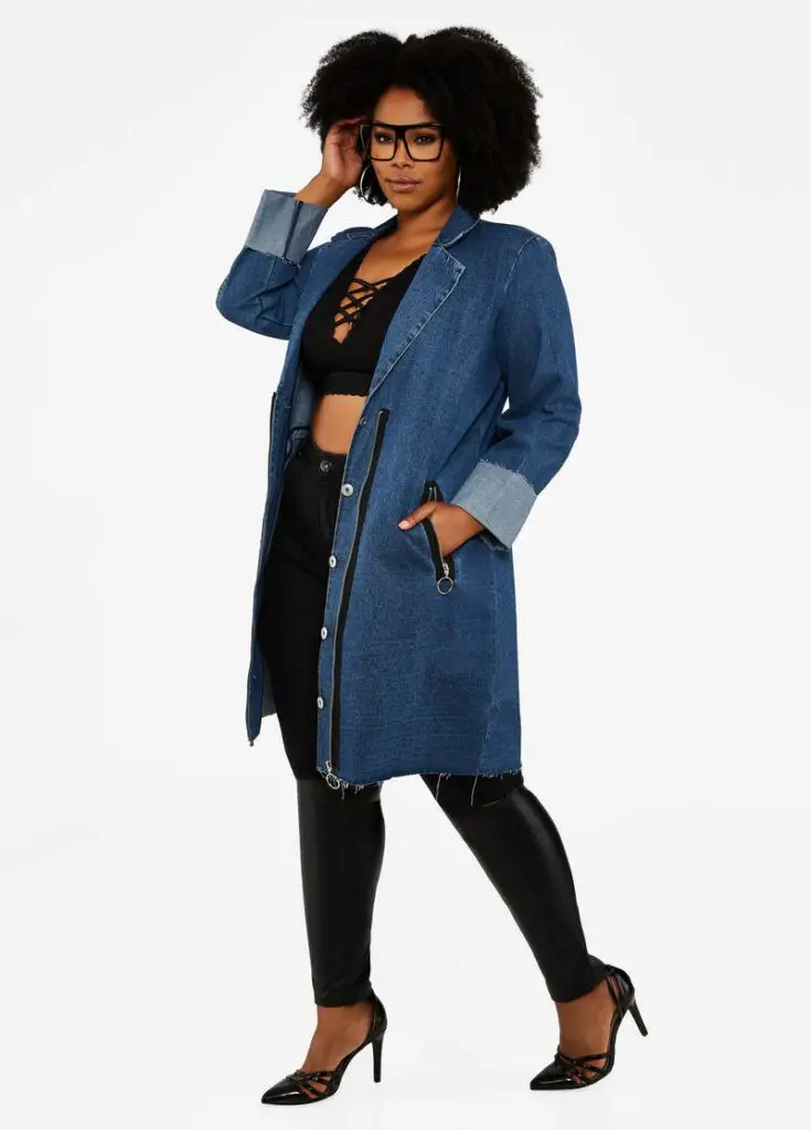 Rolled Cuff Long Denim Coat at Ashley Stewart