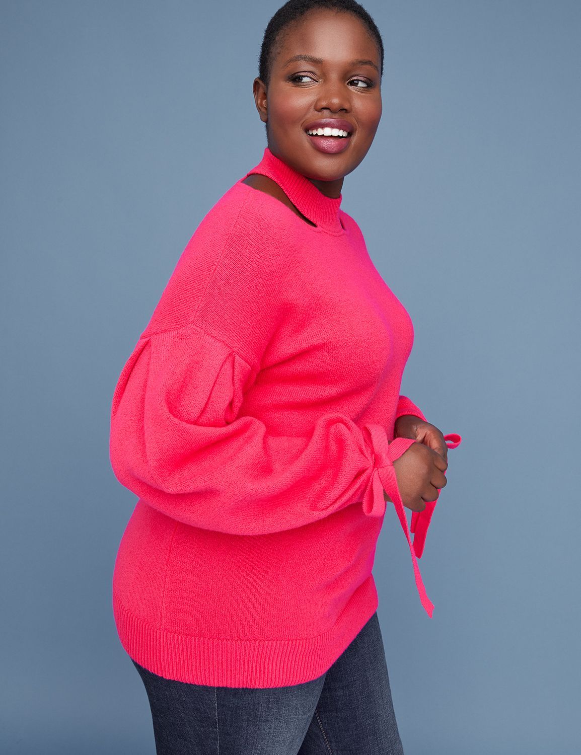 Lane Bryant Plus Size Cold Weather Fashion Finds- Cutout Mock-Neck Sweater With Tie Cuffs