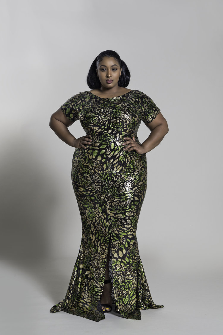 The Best Plus Size Sequins Finds for New Yea's Eve: Cap-Sleeve Green Gold and Black Sequin Mermaid Gown