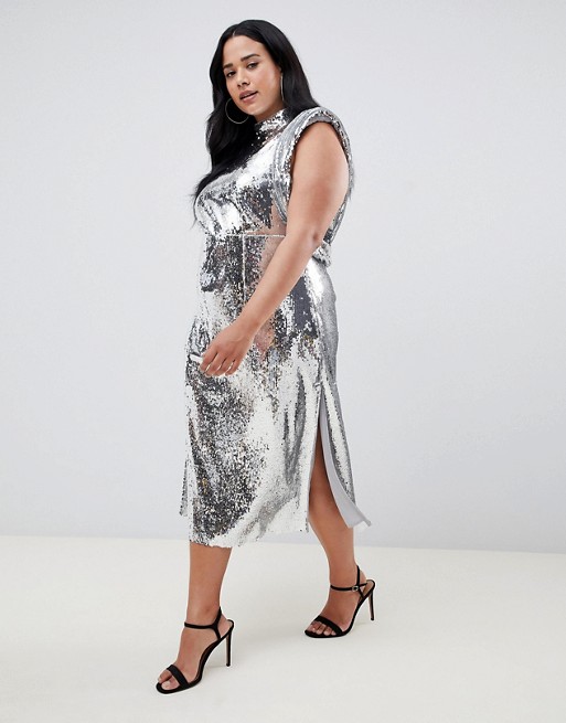 The Best Plus Size Sequins Finds for New Yea's Eve: High neck drape armhole midi dress in all over sequin by ASOS DESIGN Curve