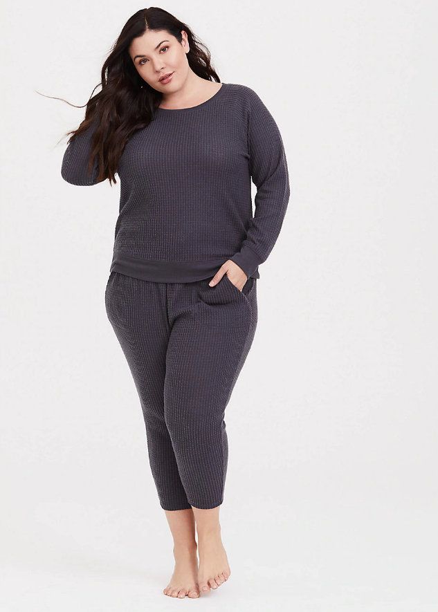 Plus Size Pajamas: Grey Waffle Knit Lounge Sweatshirt & Knit Lounge Pant up through a 6X at Torrid.com