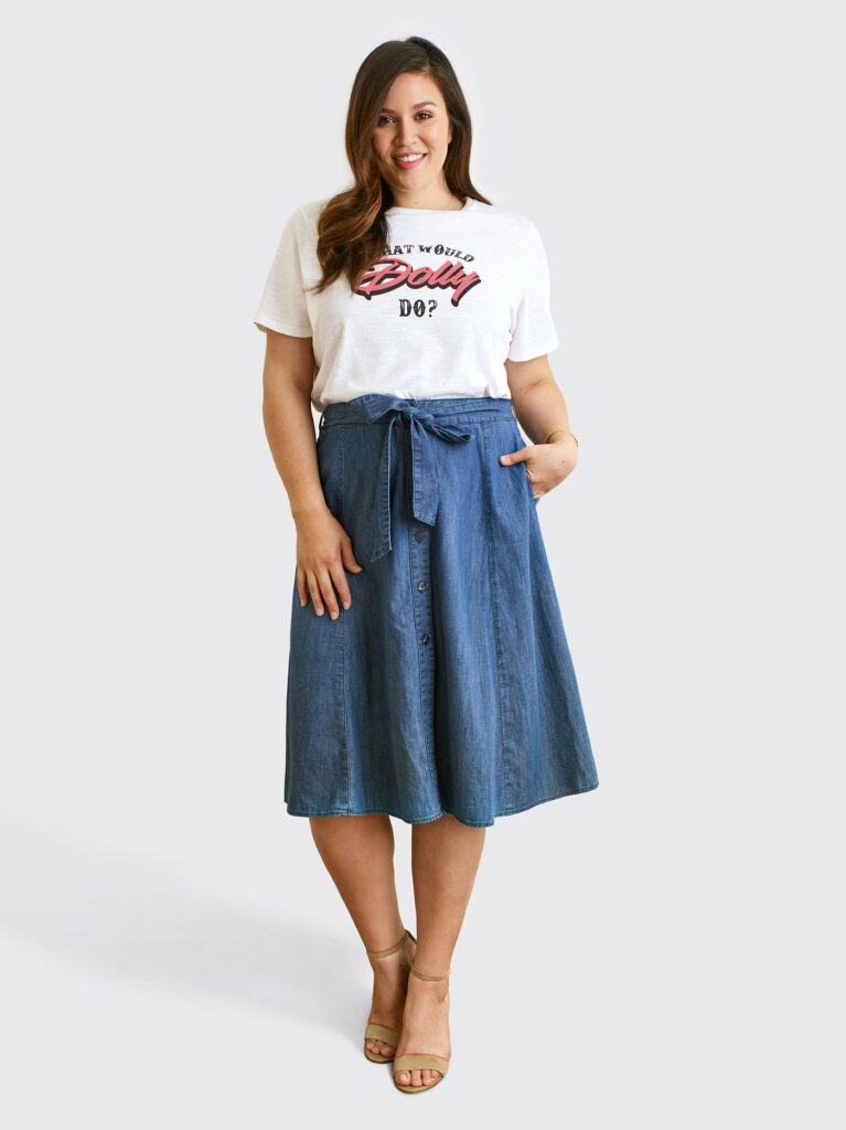 Draper James Launches Plus Sizes- Button Front Chambray Skirt