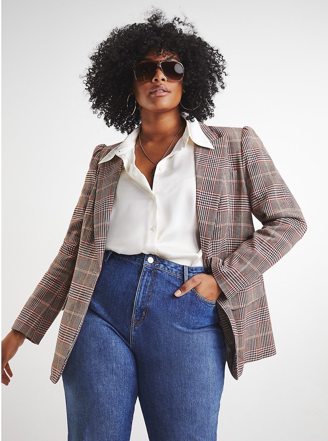 ZENDAYA CURVE CHECK LINEN BLAZER