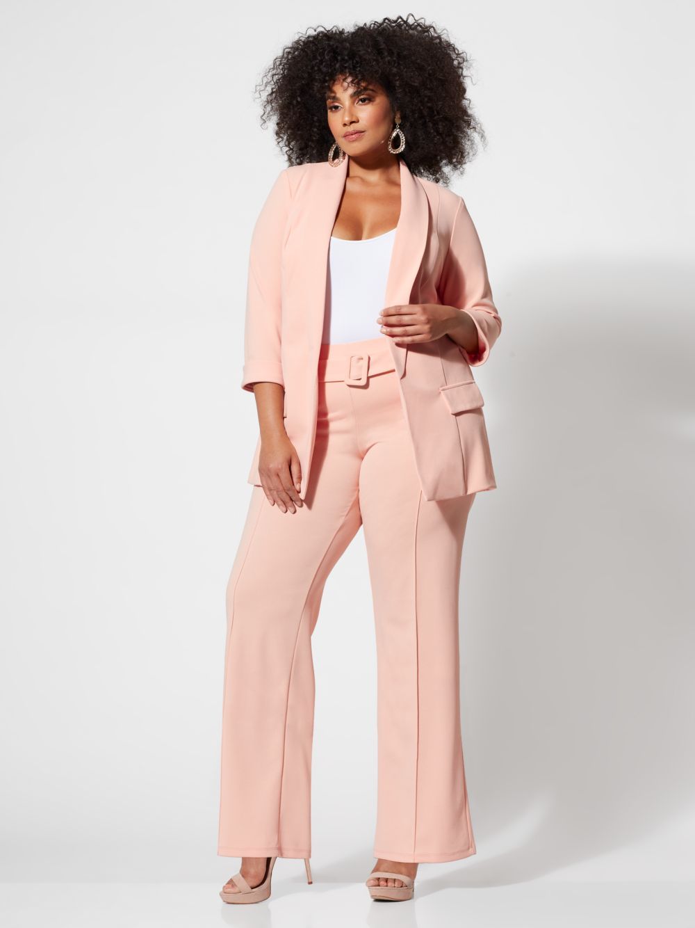 Spring Plus Size Suiting- Olivia Coral Long Blazer and Flare Ponte Trousers