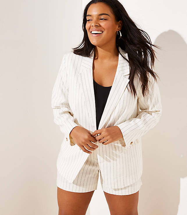 Spring Plus Size Suiting- Pinstriped Modern Blazer and Tie Waist Shorts