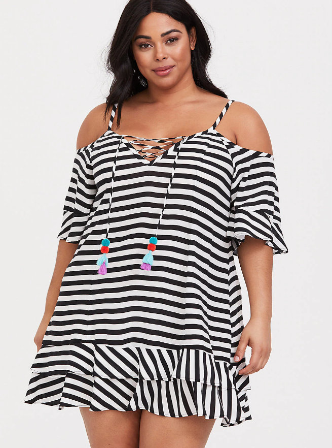 Black & White Stripe Dress Swim Plus Size Cover-Up