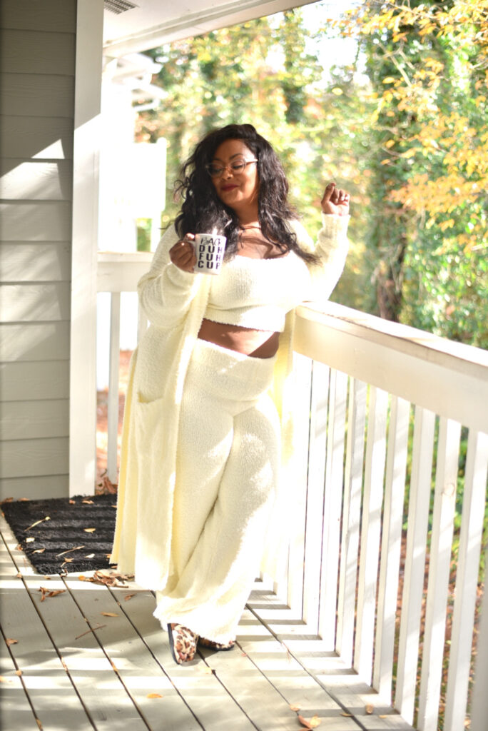 Marie Denee in Skims Cozy Collection Lounge wear in plus Sizes 
