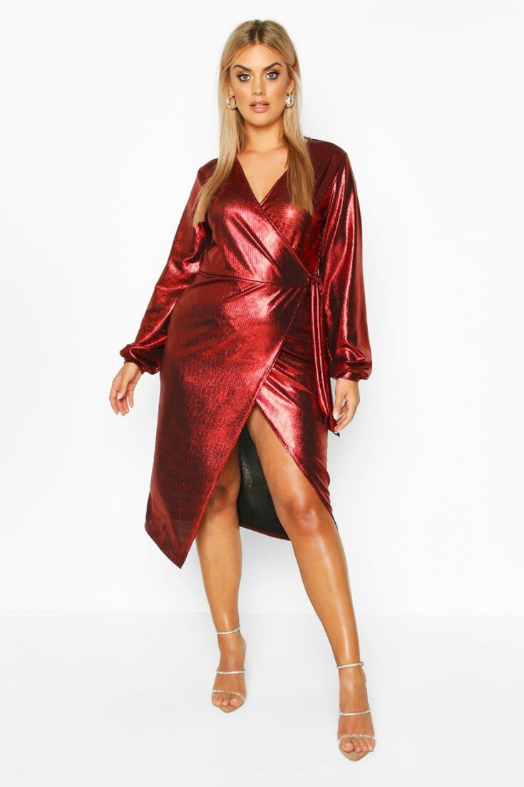 womens red plus metallic wrap detail midi dress