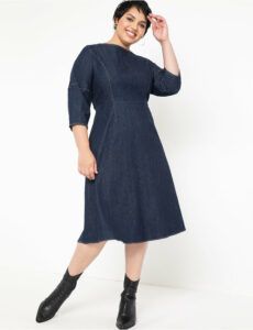 A-Line Lantern Sleeve Denim Dress