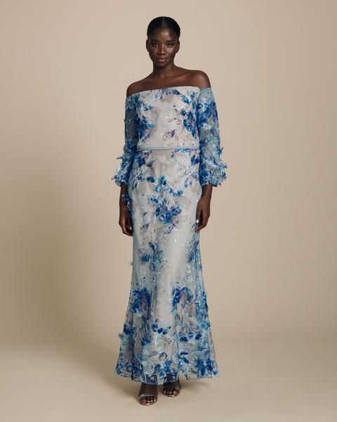 MARCHESA NOTTE Off Shoulder 3D Embroidered Gown