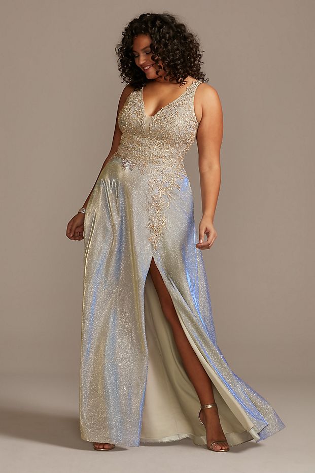 Prom 2020 Plus Size Prom Dress Iridescent Metallic Plus Size Gown with Applique by XScape