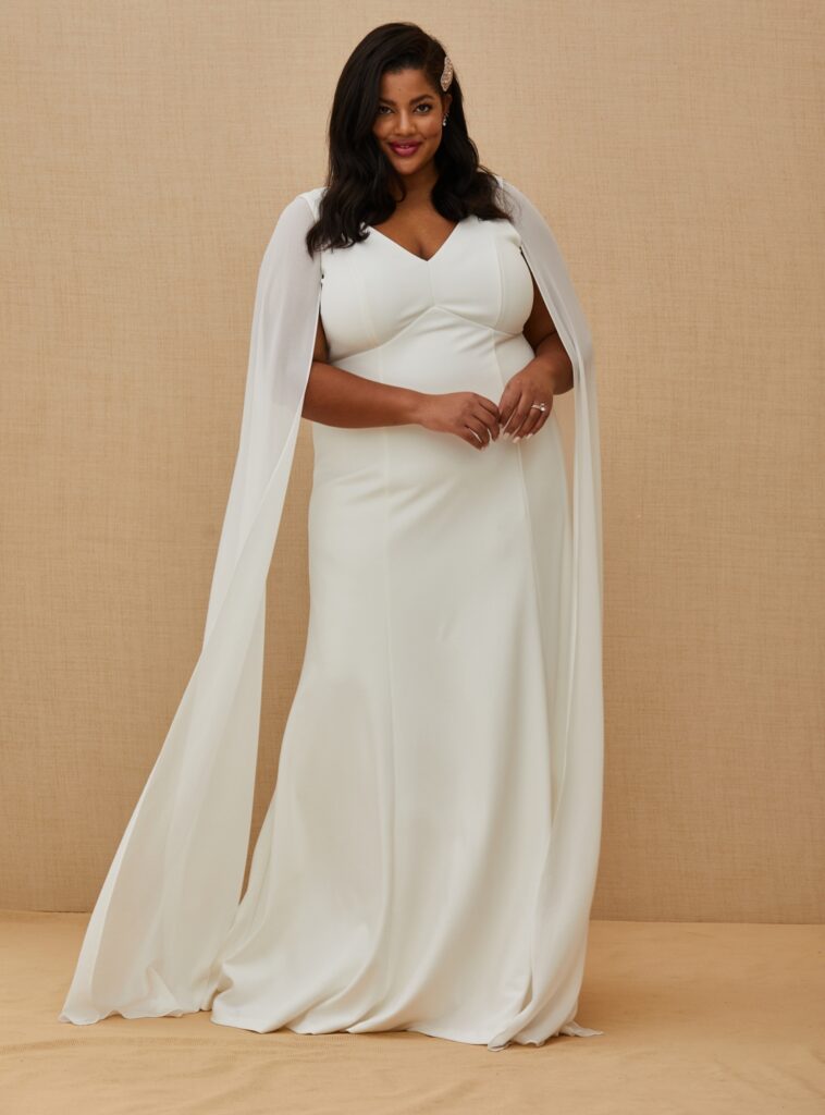 TORRID Chiffon Cape Sleeve Wedding Gown, $328 torrid.com