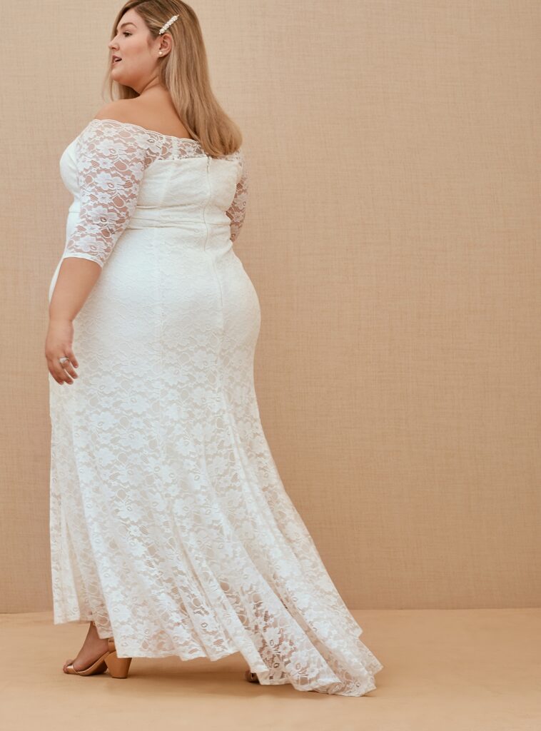 TORRID Lace Off Shoulder Train Wedding Gown, $198 torrid.com 