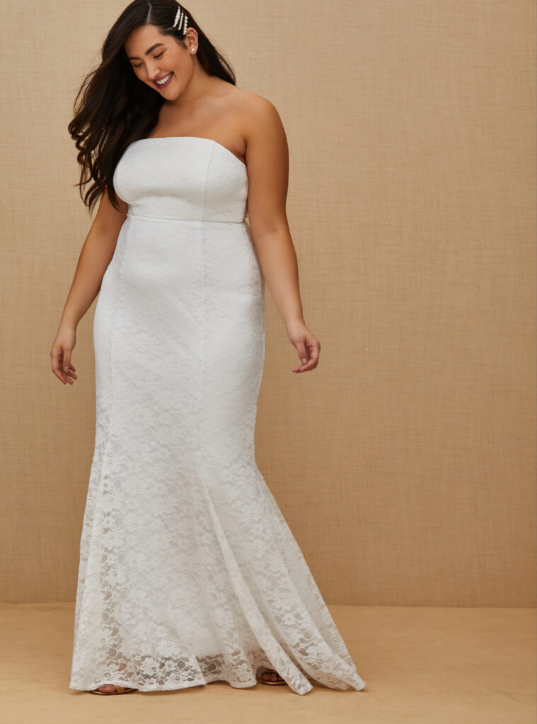 TORRID Strapless Lace Fit & Flare Wedding Gown, $198 torrid.com